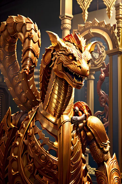 ((Raw photo)), (((Masterpiece)), Anthropomorphic Humanoid Naga Serpent God, Golden Crest, (Colossal: 4.8), Intricate Detail, Futobot, Intricate Greebles Parts, Dramatic Lighting, Rim Lighting,