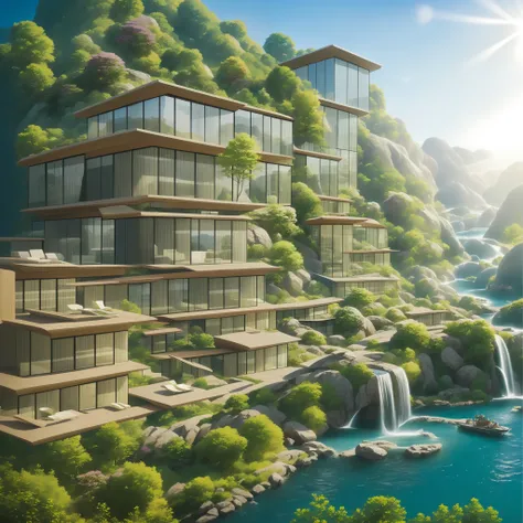 an awesome sunny day environment concept art on a cliff with huge waterfalls, nature meets architecture by kengo kuma and wes anderson with village, residential area, mixed development, highrise made up staircases, balconies, full of glass facades, cgsocie...