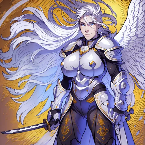 knight, young girl, sword holding , schield holding, angel, silver hair, blue eyes, portrait, 1character, full body, musclegirl ...