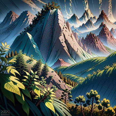 "Mountains of the South American Andean Puna, digital art of realism, intricate detail in varied colors with native vegetation and soft fog, Realism style inspired by the work of Alfons Mucha, using cinematic lighting with focal aperture f / 1.8, offering ...