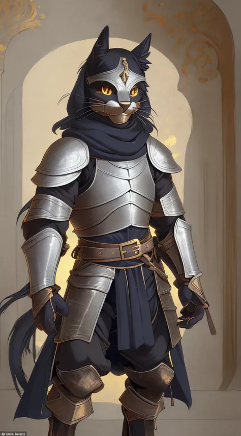 A humanoid cat, furry, wearing medieval armor in rogue costumes. The cat is a man and has dark fur, its skin is almost not shown as its clothing covers its body almost completely