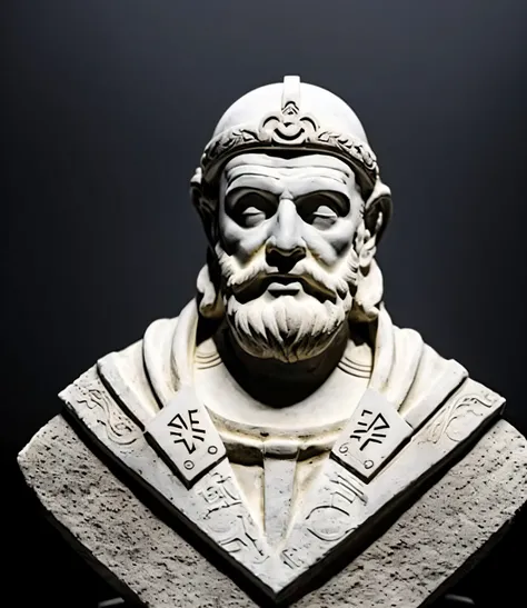 mockup, marble bust sculpture of geometric ancient undead priest warrior astrologist, full view, magical astrological esoteric symbols, Bauhaus, intricately decorated, medium shot, (black background:1.3)