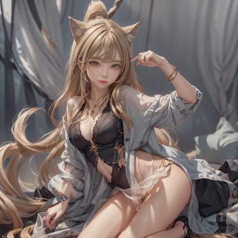 Wolf girl, right limbs, blonde hair, wolf tail, wolf ears, necklace, anklet, tattoo, young, trench coat, street, golden eyes