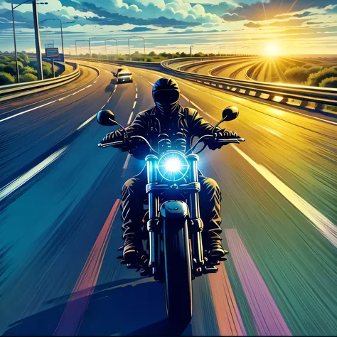 a biker driving very fast on a highway, morning time, cloudy weather