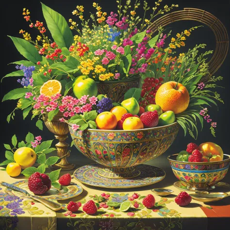 "exquisite still life": a meticulously arranged still life composition with vibrant flowers, luscious fruits, and intricate deta...