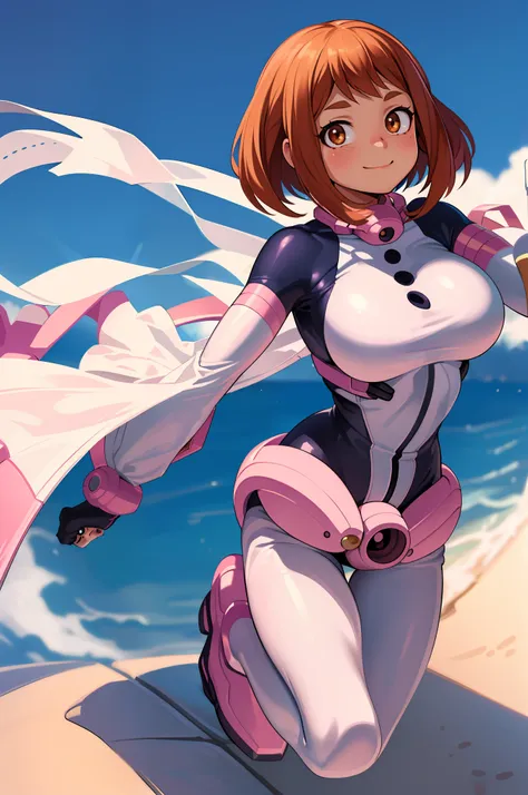 ((masterpiece, best quality;1.3)), ultra detailed, detailed background, 1girl, solo, smile,   bodysuit,ochaco uraraka, looking a...