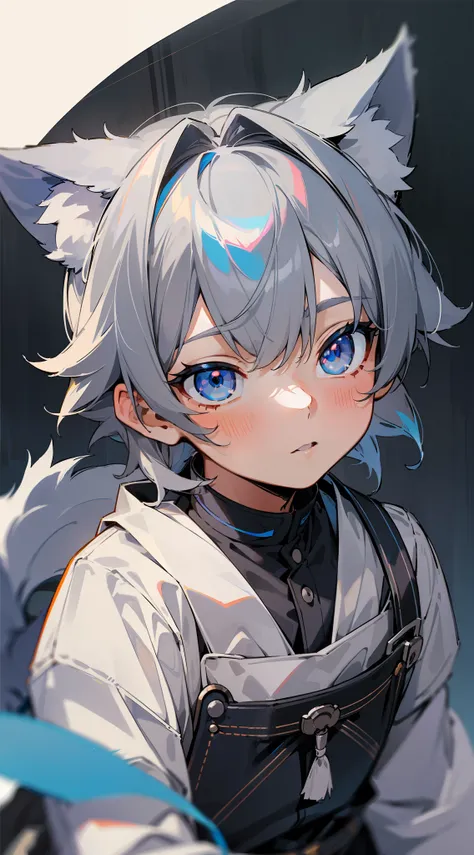 (1boy), (Shota), (HD quality, masterpiece level), cute teen characters, dark gray hair, blue eyes, (wolf ears), (wolf tail), one tail, (no ears), (little boy), (ears covered), (hair covered ears), face camera, a pinch of blue bangs, panorama,