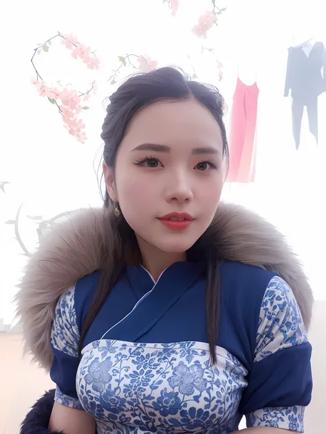 there is a woman that is wearing a blue top and a fur collar, inspired by Huang Ji, young cute wan asian face, inspired by Mei Qing, chinese woman, xintong chen, chinese girl, shot on nikon z9, a beautiful fox lady, inspired by Ma Yuanyu, gorgeous chinese ...