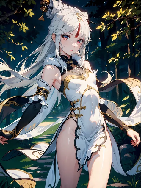 1girl, (solo:1.2), ((masterpiece)), [slim], (small chest), pale skin, ((detailed eyes)), (bokeh effect), (dynamic angle), dynamic pose, ningguangdef, white hair, long hair, white dress