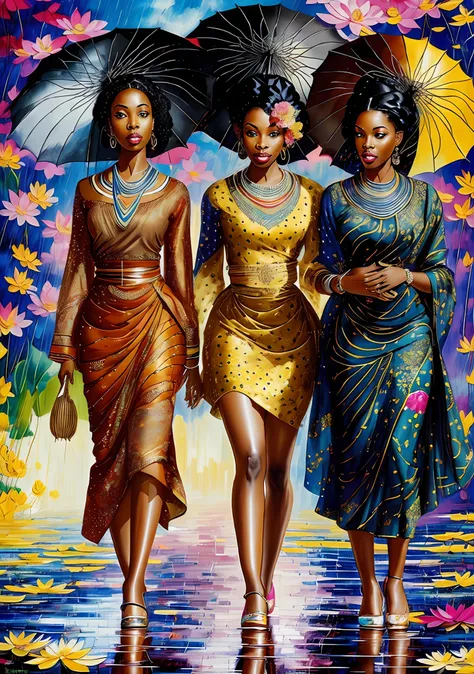 three black women in african clothes, with umbrellas walking in the rain with lotus flowers, beautiful painting of friends, beau...