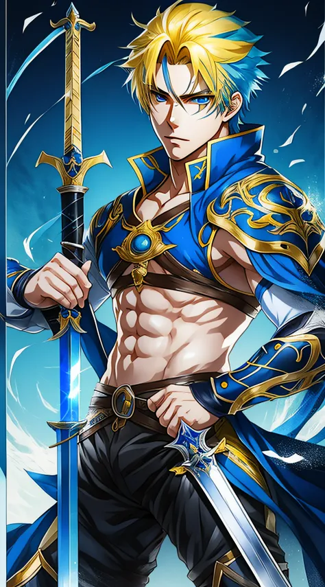 Male character in Anime format, with Blue and Yellow Hair, with heterochromia one of Blue the other Yellow, and a Medieval sword, Anime style --auto --s2