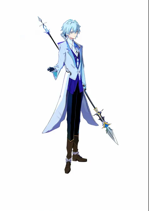 anime character with sword and blue hair in white coat, tall anime guy with blue eyes, 2 d anime, single character full body, t-...