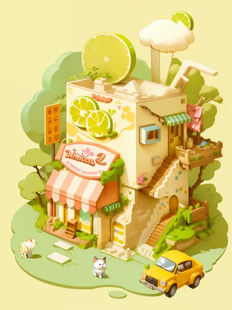 masterpiece, best quality, cartoon, 3d, illustration of a cat on it, small shop of a building and car with the exterior of lemon...