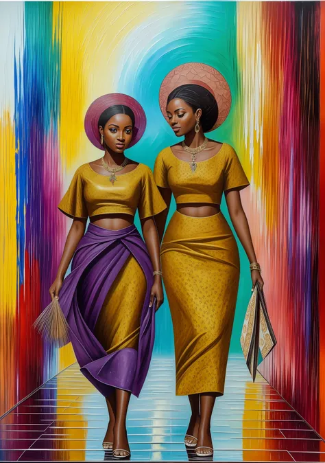 three black women in african clothes, walking in the rain with lotus flowers, beautiful painting of friends, beautiful women, by...