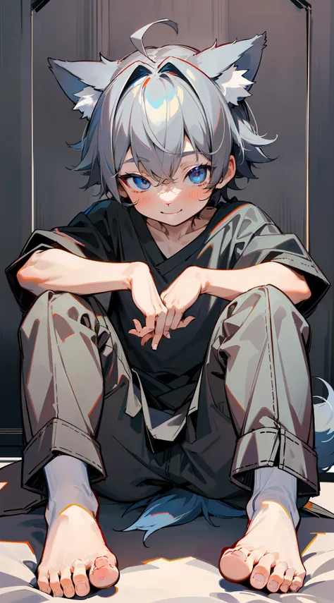(1boy), (Shota), (HD quality, masterpiece level), cute teen characters, dark gray hair, blue eyes, (wolf ears), (wolf tail), one tail, (no ears), (little boy), (ears covered), (hair covered ears), a pinch of blue bangs, full body diagram, chubby face, bare...