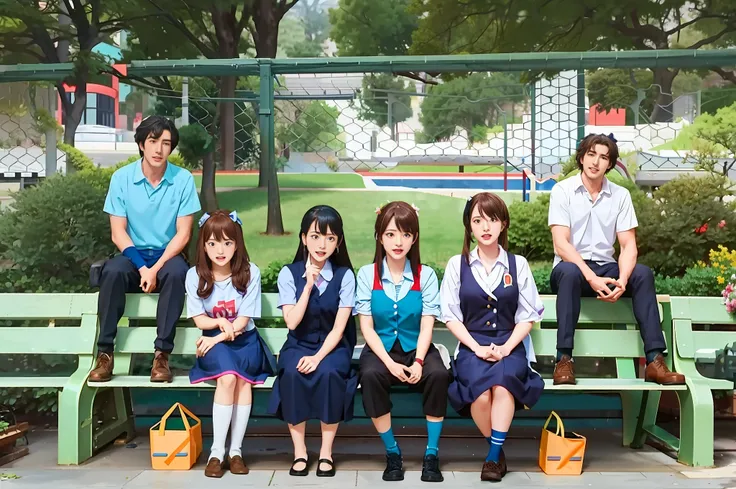 there is a group of people sitting on benches in the park, movie promotional images, kyoto animation, kyoto animation, kyoto ani...