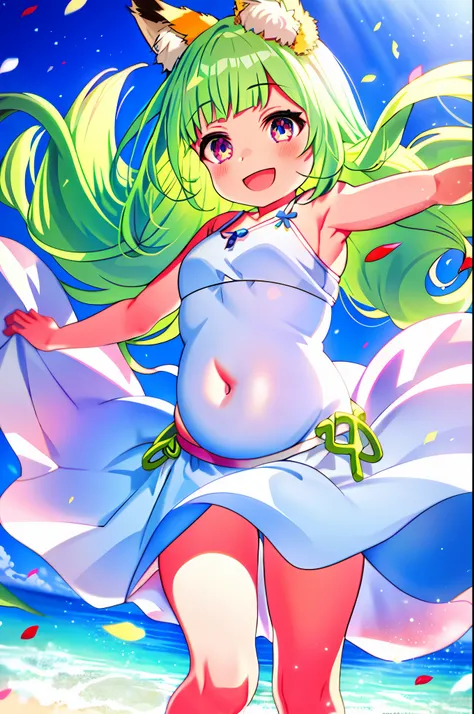 mika pikazo, 1girl, chubby cheek, multicolored hair, green hair, white hair,blue background, blue sky, Beach background, colorful, red particle, white flower petal, white dress, frilly dress , floating hair, light blush, light particles, long hair, open mo...