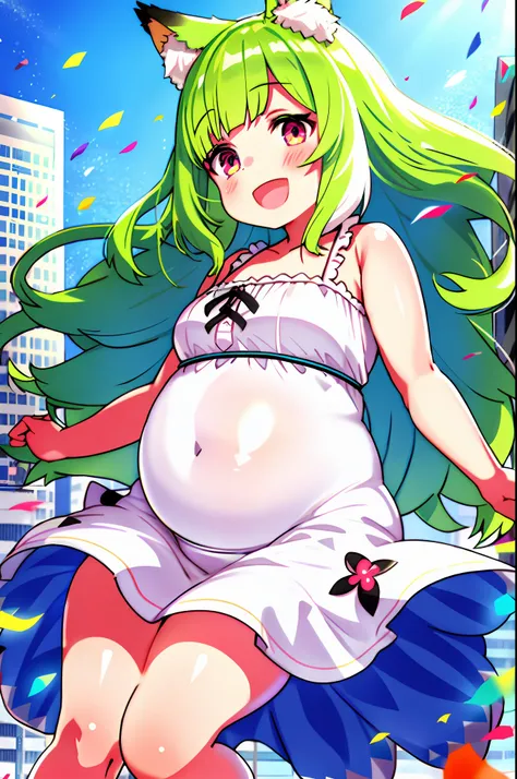 mika pikazo, girl,background crowds, chubby cheek, multicolored hair, green hair, white hair, blue sky, city background, sky crapper, Building,colorful, red particle, white flower petal, white dress, frilly dress , floating hair, light blush, light particl...