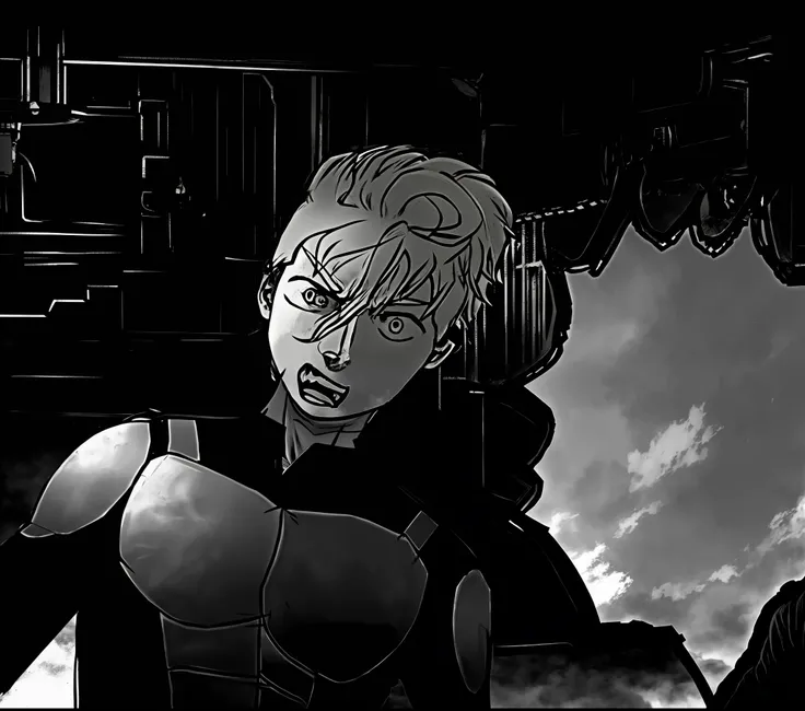 Anime character with speech balloon in black and white photo, cell shaded adult animation, genios of a punching man, black and white manga panel, this character has cryokinesis, cutscene footage, mainly grayscale, cutscene, cel-shaded art style, villain po...