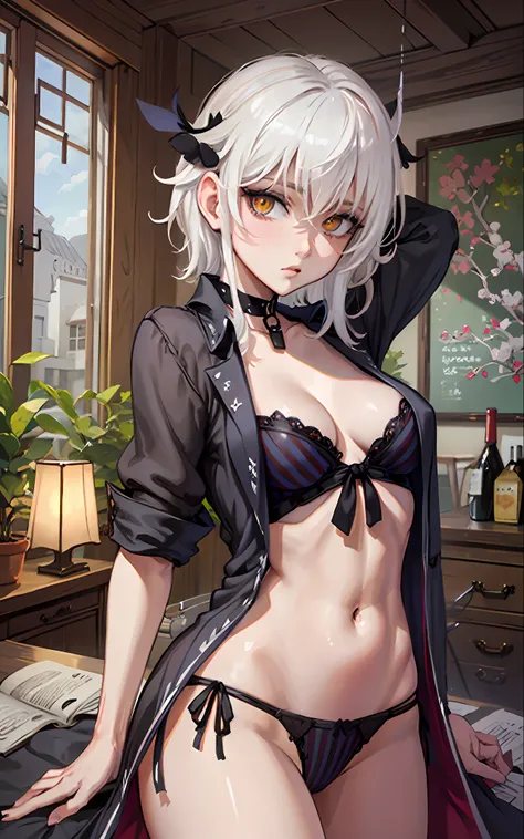 black negligee, black panties, thong, navel, collarbone, masterpiece, best quality, highres, dark persona, japanese greek evening of the island of Santorini, watercolor painting theme, rear view, (looking at the viewer: 1.1), hips, tojou koneko, yellow eye...