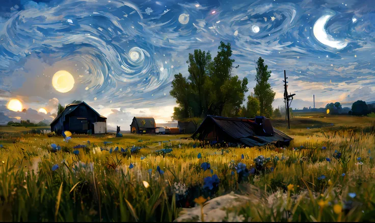 starry night sky with a field of wildflowers and a barn, in style of van gogh, van gogh style, van gogh art style, inspired by v...