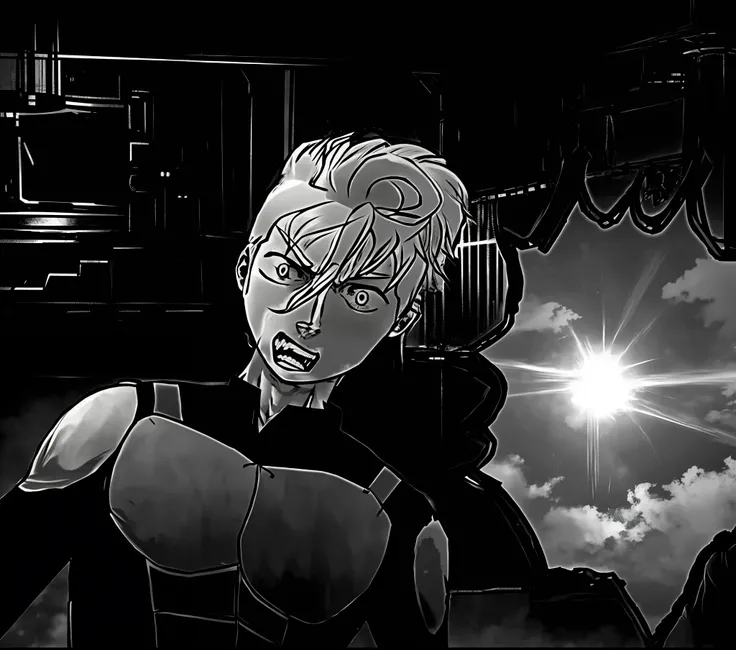 Anime character with speech balloon in black and white photo, cell shaded adult animation, genios of a punching man, black and white manga panel, this character has cryokinesis, cutscene footage, mainly grayscale, cutscene, cel-shaded art style, villain po...