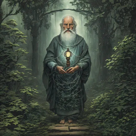 the hermit card in the tarot depicts an elderly man with a long beard and gray hair, dressed in simple clothes and holding a lan...