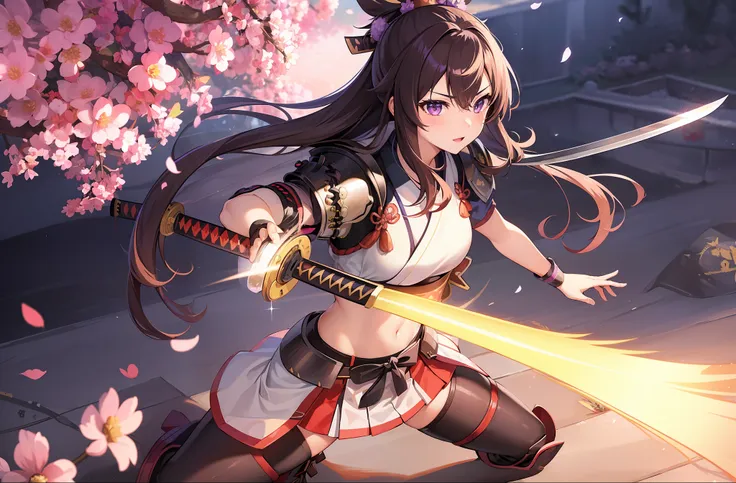 1 girl, solo, kisaragi from kancolle, (((samurai armor))), standing, fighting stance, sword strike, katana, detailed eyes, spark...