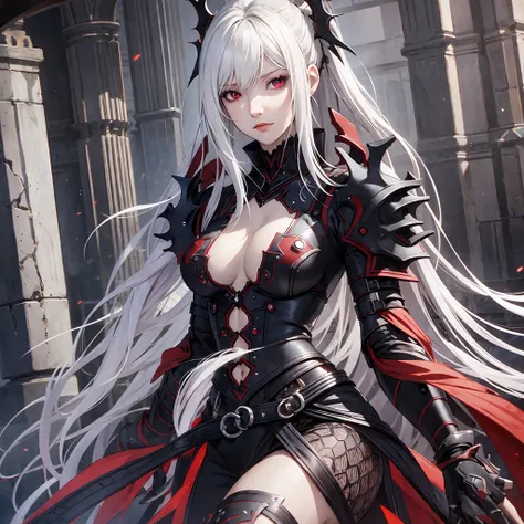 masterpiece, best quality, 1woman, adult, female focus, solo, white hair, long hair, vibrant red eyes, looking at viewer, High quality metal texture, closed mouth, bangs, high collar,(kbxll:0.6), Fantasy aesthetics, Highly detailed, shadowverse style, full...