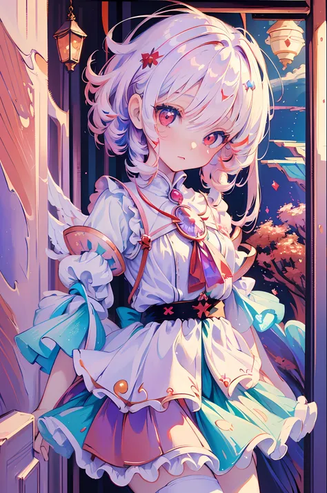 beautiful illustration, best quality, cute petit girl, (transform sequence), transform magical girl, chibi, white magical girl, fractal art, albino, babyface, long pure white and red mesh hair, beautiful detailed red eyes, cinematic lighting, cowboy shot, ...