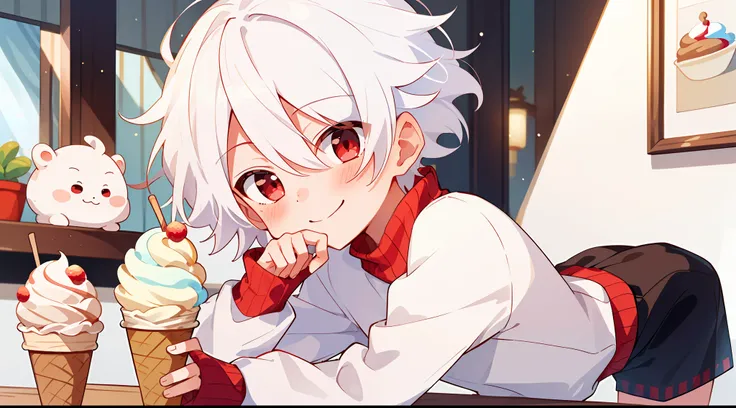 ((masterpiece)),(((best quality))), (high-quality, breathtaking),(expressive eyes, perfect face), 1boy, solo, male, short, young, small boy, short white hair, red eyes, smiling, blushing, long sleeve sweater, short shorts, indoors, eat ice cream, cute, swe...