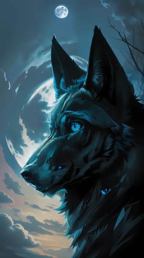 (masterpiece detailed high image quality) "black color with blue eyes" wolf dangerous forest, midnight, full moon. 1 solo lobe. ...