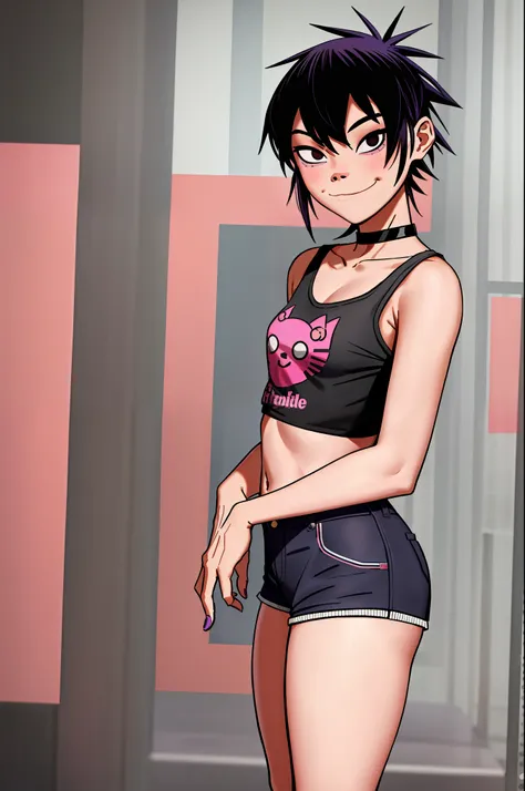 noodles (Gorillaz), masterpiece, best quality, 1girl, solo, purple hair, medium hair, black choker, looking at the viewer, bangs, basketball print, upturned nose, converse, hair over eyes, hello kitty, high tops, blush, detailed fingers, 5 fingers, sexy as...