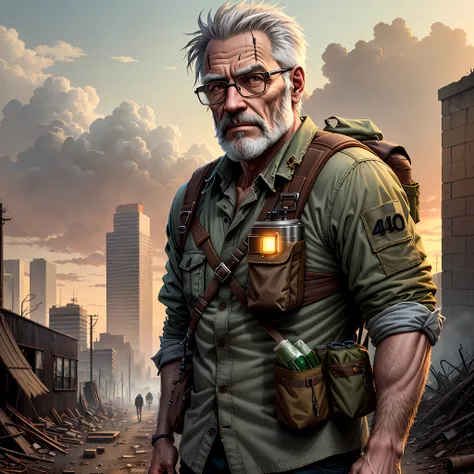 post-apocalypse, ruined city, soft lighting, man, 40s, gray beard, eyeglasses, tactical trail clothing, backpack, woods