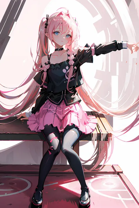 masterpiece, best quality,1girl, solo, long_hair, looking_at_viewer, shirt, pink_hair, long_sleeves, bow, ribbon, twintails, sitting, monochrome, hair_bow, heart, pantyhose, ruffles, food, shoes, choker, blunt_bangs, black_skirt, pink_eyes, stuffed_toy, pi...