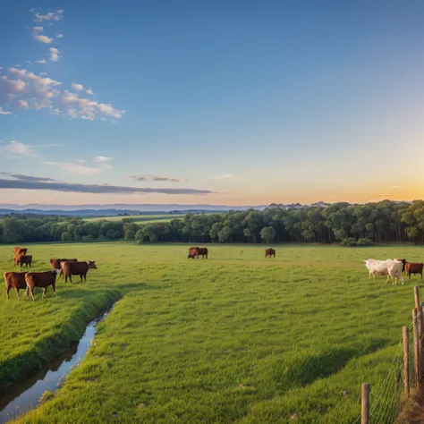 2023 Toyota Hilux SRX pickup truck in silver color parked on the side of a farm road. Next to the road, a wire fence with wooden stakes. After the fence, a vast pasture with green grass. Inside the pasture, 50 oxen of the Nelore breed, with cows and calves...