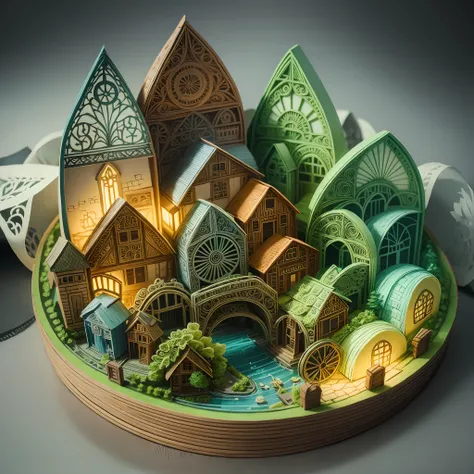 Quaint village nestled by a river, incredibly detailed paper quilling, luminescent colours --auto --s2