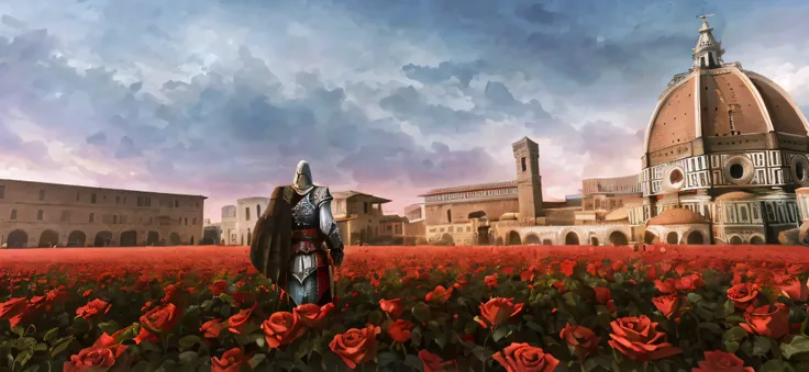 ((Assassins Creed, Church of Santa Maria del Fiore), (High Quality + Clarity), Ezio, ((Being) Red Rose Field*1.2), (Wearing) Florentine Costumes, ((Background) Magnificent Towers), (and) Colorful Sky), Super Detail, High Detail