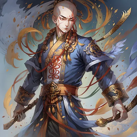 Chinese man with traditional hair outfit inspired by Huo Yuanjia jet li master of arms, colorful manga style drawing, personage with haircut with half bald and half with braid, traditional Chinese cut, manga dash --auto --s2