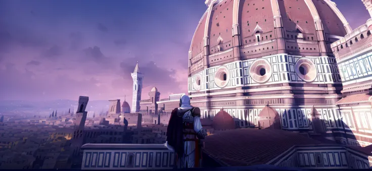 ((Florence in the evening: 0.8 + Santa Maria del Fiore: 1.3), (Ezio the Assassin: 1.5), Vista Tower: 0.9, Roof, High detail, Sunset, Tower: 1.2, 4K)