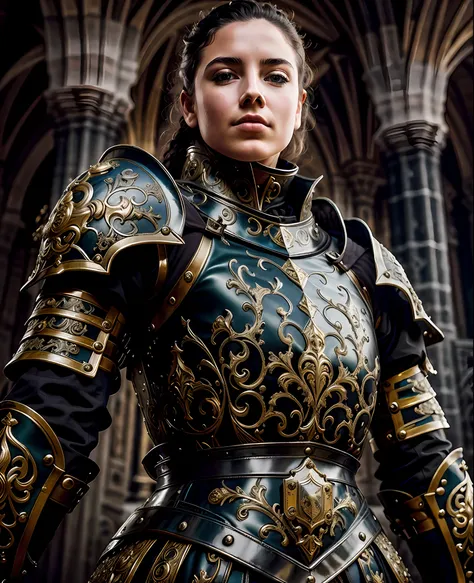 masterpiece, best quality, baroque, realistic, 1girl, black medieval filigree armor, coat of arms, upper body, looking at the vi...