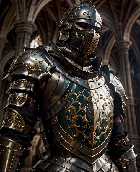 masterpiece, best quality, baroque, realistic, 1girl, medieval templar armor, upper body, looking at the viewer