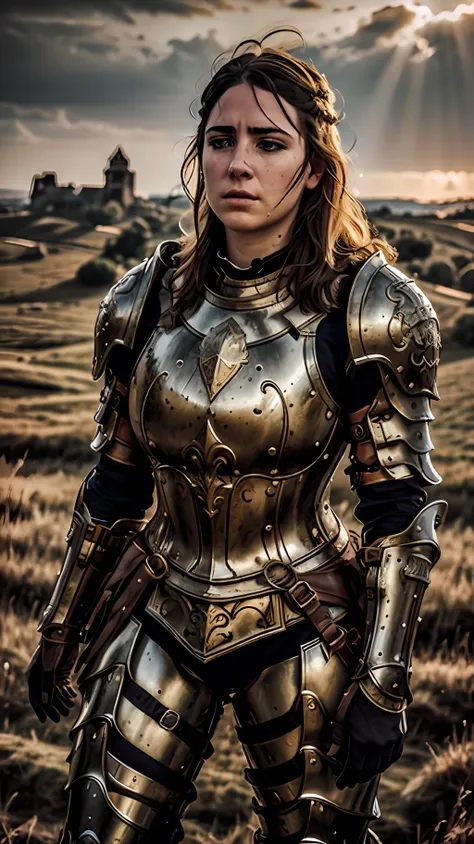 masterpiece, cinematic landscape, best quality, baroque, realistic, 1girl, medieval roman armor, upper body, looking at the view...