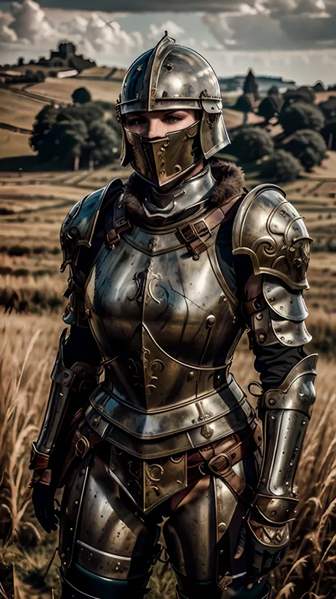 masterpiece, cinematic landscape, best quality, baroque, realistic, 1girl, medieval roman armor, upper body, looking at the view...