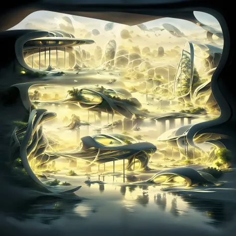 Futuristic design of an awesome sunny day environment concept art on a futuristic forest terrain with huge waterfalls,streams,sacred grooves, nature architecture, proportional,detailed, blueprint,bright clouds, nature meets futuristic architecture by Sant...