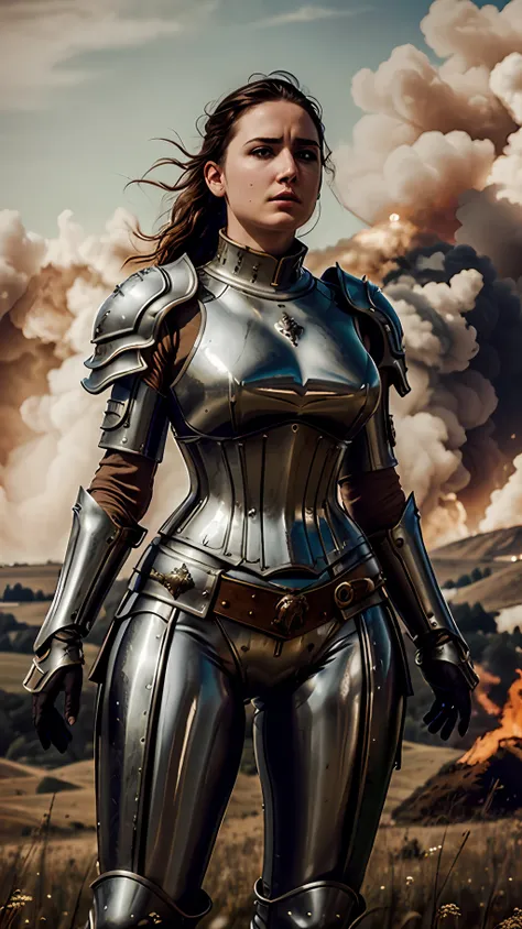 masterpiece, cinematic landscape, best quality, baroque, realistic, european woman, beautiful curves, white roman medieval armor...