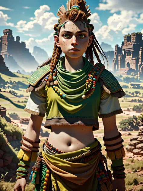 masterpiece, best quality, octane rendering, intricate detail, Aloy with green and yellow colors, insanely detailed eyes, perfect face, hair beads, wide portrait, open field, sparse vegetation,