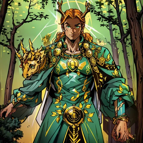 The god of nature. His body is athletic. It has deer horns. Her hair is long braided brown. His eyes are golden and bright. He wears a green robe with golden Celtic ornaments. He has golden Celtic tattoos in the shape of a horse. He carries a war hammer. I...