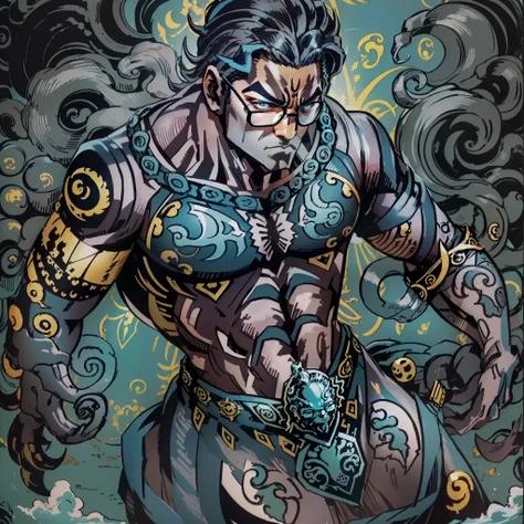 God of the sea. His body is gothic but muscular. Their hair is octopus tentacles. He has bright blue Hawaiian tattoos. He wears a navy blue toga. He has glasses.