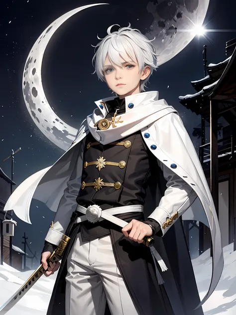 an 8-year-old boy with white hair and silver eyes, known for having great combat skills with ice magic. he wears white clothes l...